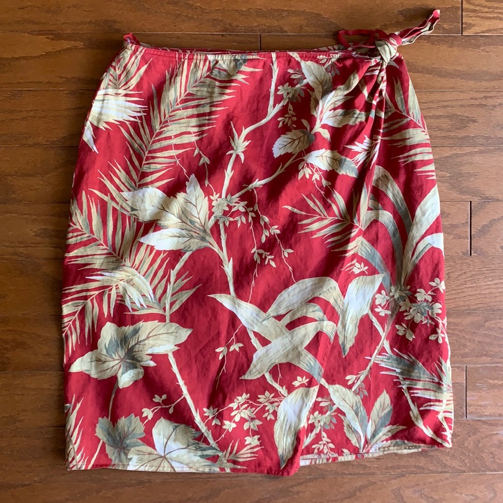 Lauren Ralph Lauren Hawaiian Print 100% Linen Wrap Skirt Red Cream Size 12